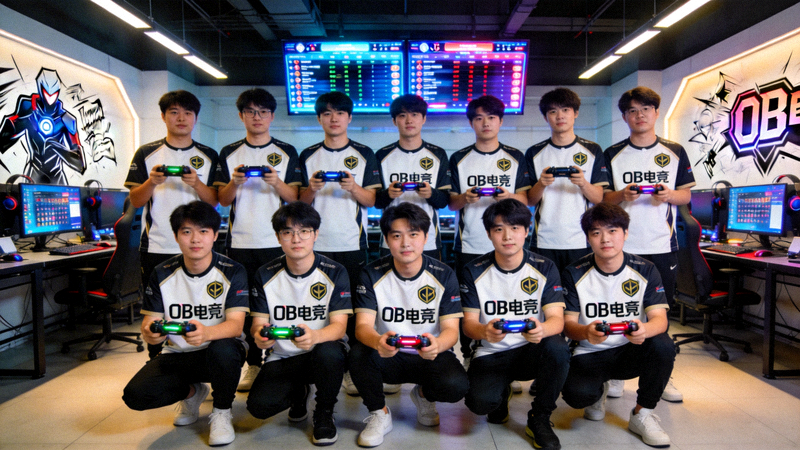 OB电竞平台团队合影，背景为现代化电竞运营中心